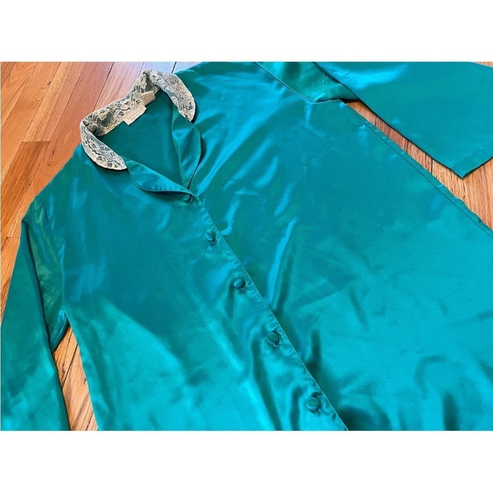 VTG Victoria's Secret Gold Label Green Satin Button Up Nightgown Womens Size M/L - Picture 2 of 12